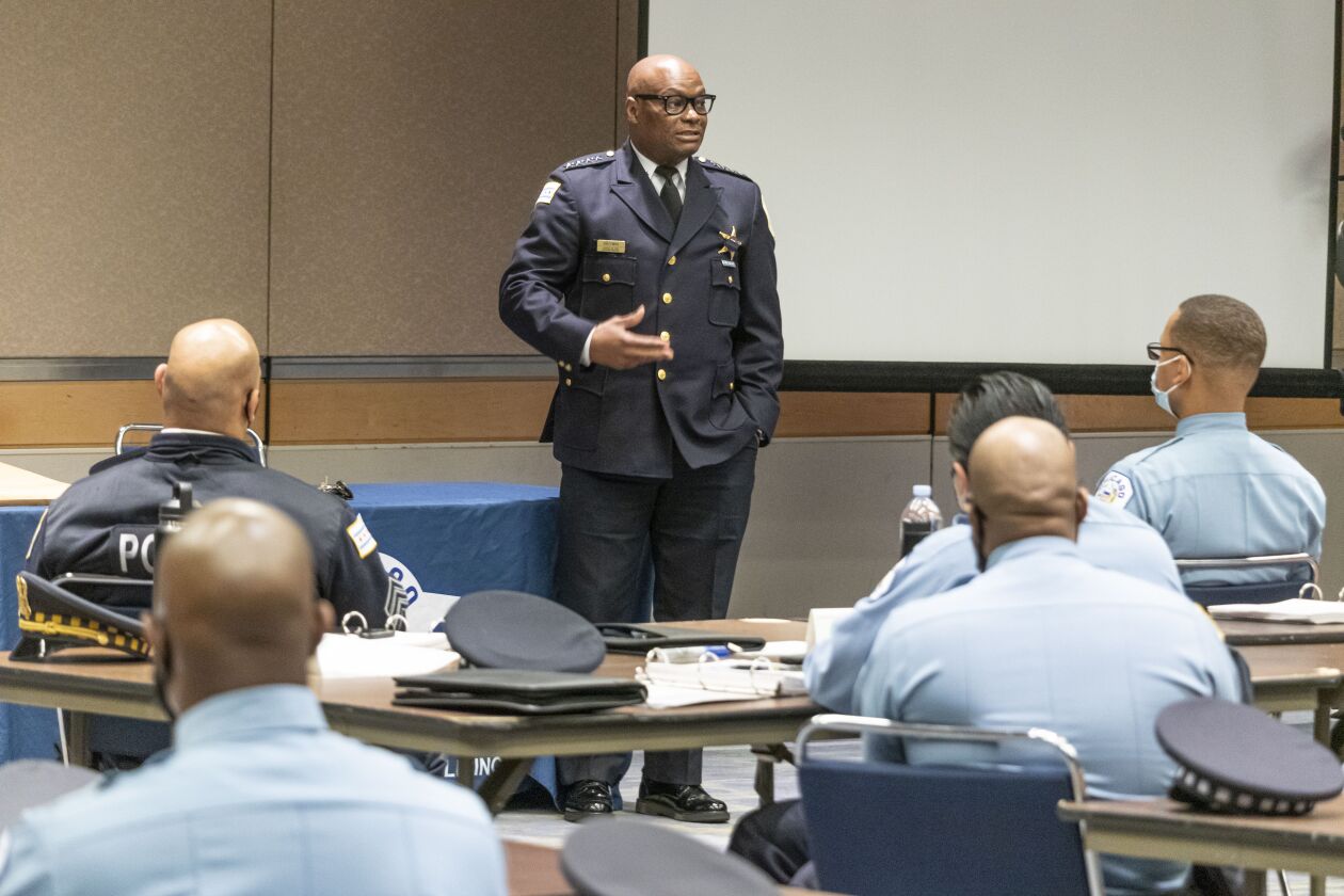 Officers beginning their District Coordination training kick-off their four week program with a speech by Police Supt. David Brown at the McCormick Place Lakeside Center May 7.